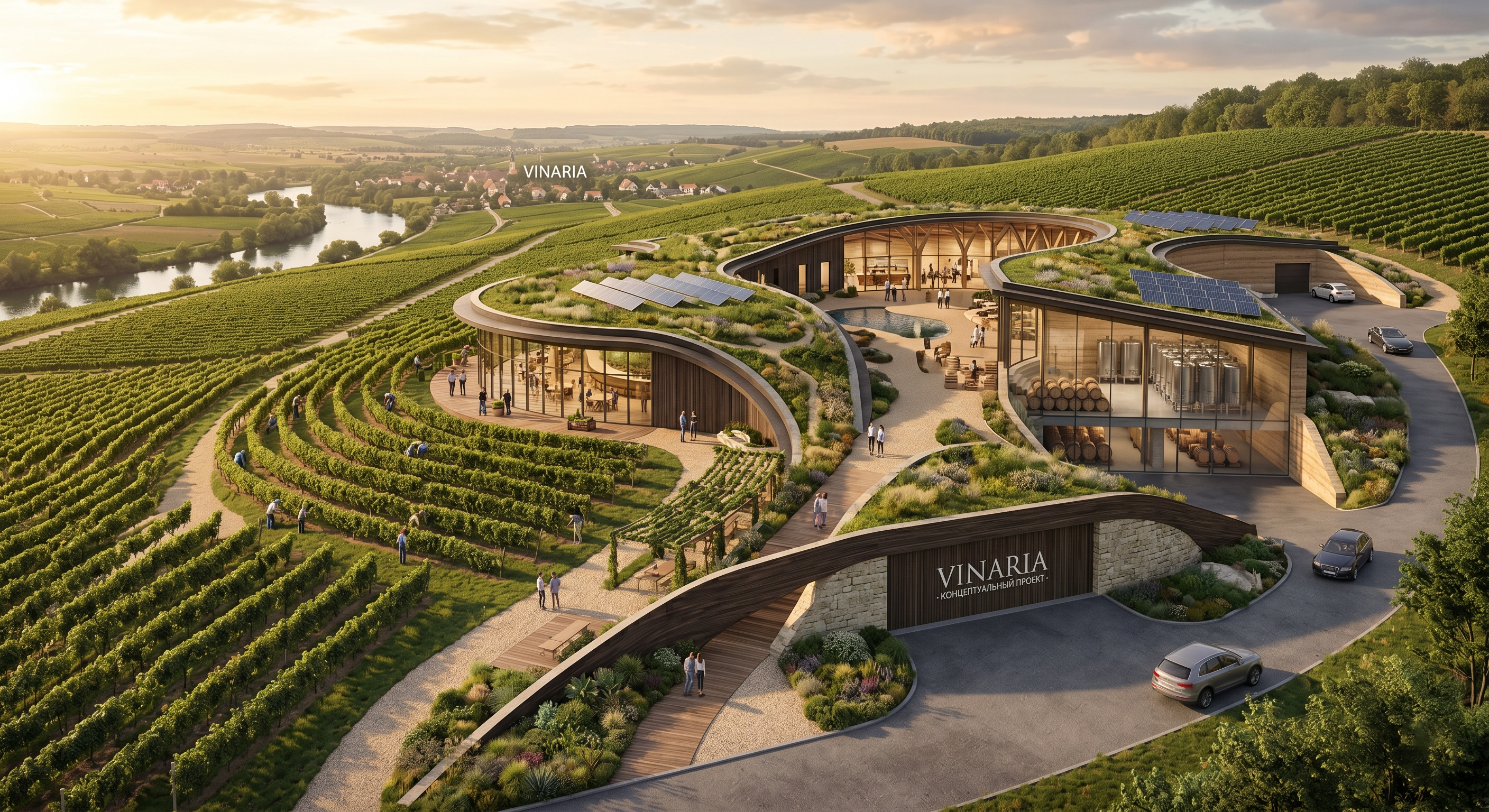 View of the Vinarija complex with terraces, vineyards and a central court