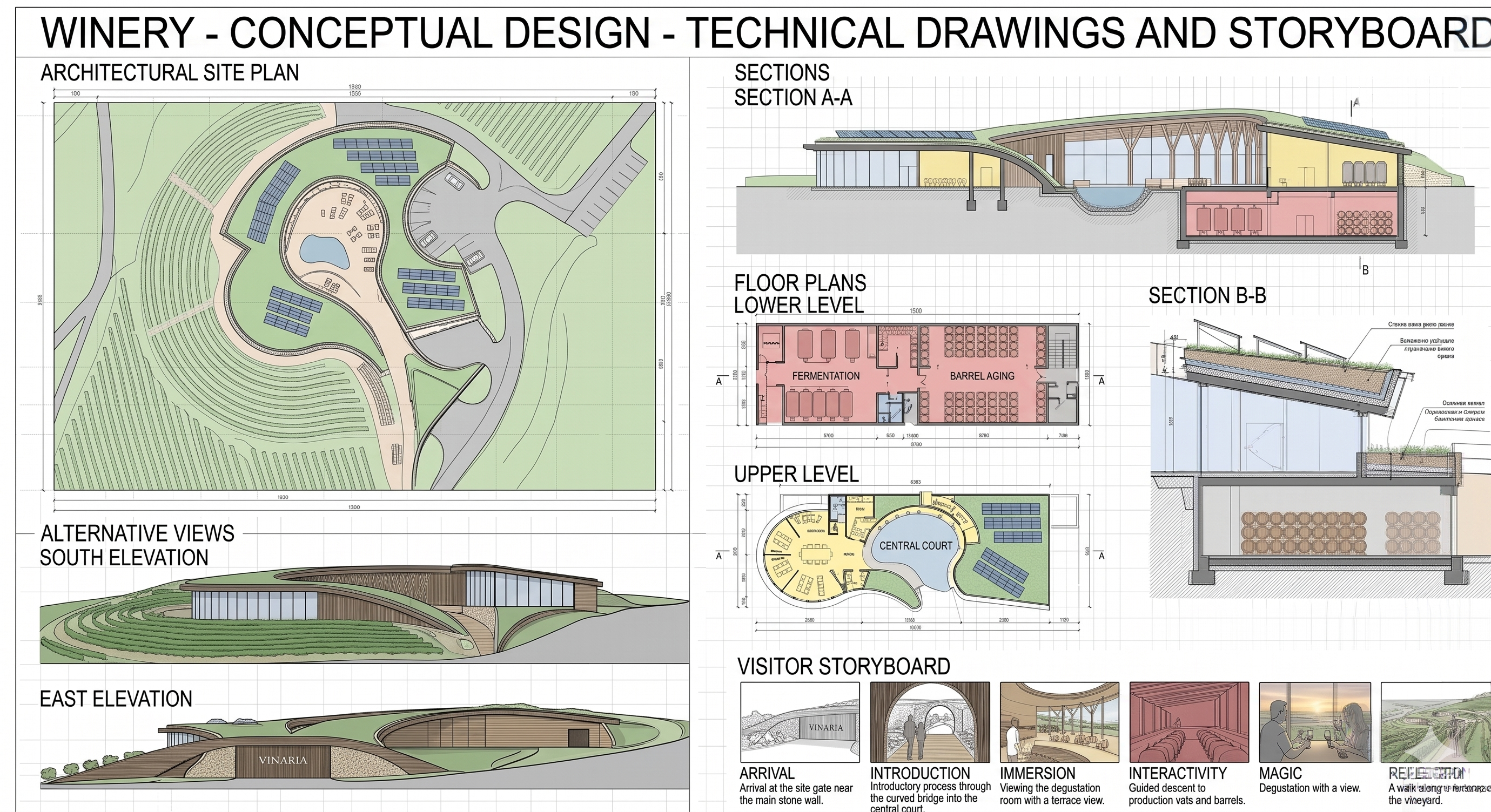 Technical concept board with site plan, sections, elevations and visitor journey